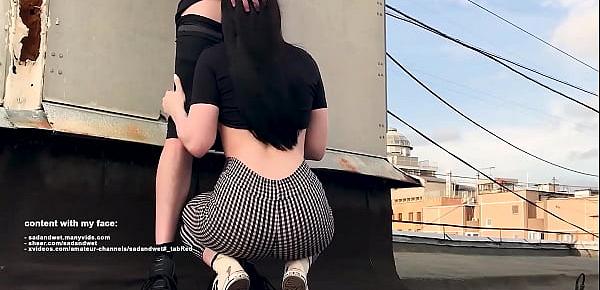  OUTDOOR PUBLIC SEX WITH SCHOOLGIRL ON THE ROOF, PHOTOSESSION TURNED TO THE ROUGH FUCK & SLOPPY BLOWJOB, MASSIVE CUM LOAD AT HER BACK, LOUD MOANING, ALMOST GOT CAUGHT